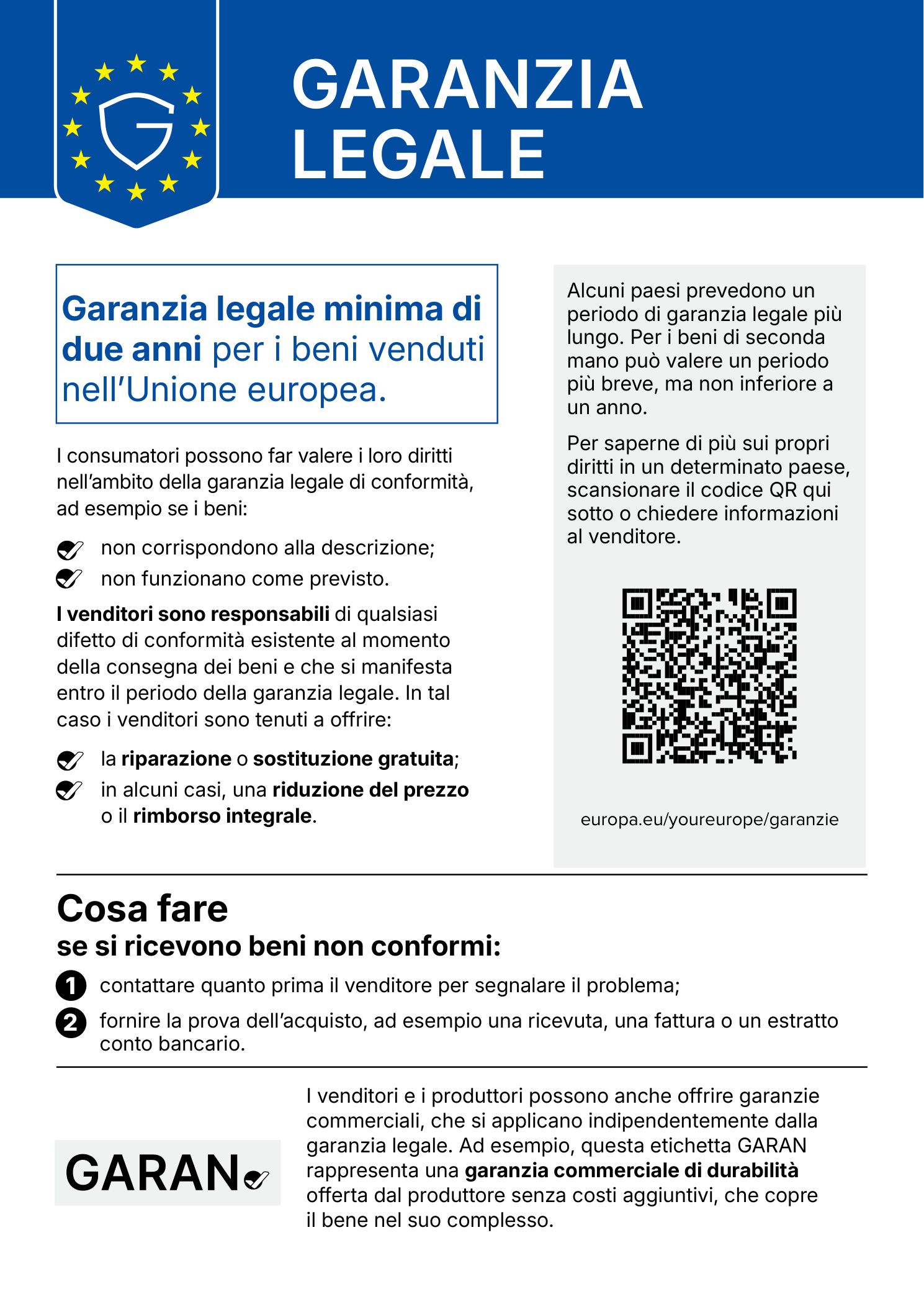 Garanzia legale. Garanzia legale minima di due anni per i beni venduti nell’Unione europea. I consumatori possono far valere i loro diritti nell’ambito della garanzia legale di conformità, ad esempio se i beni non corrispondono alla descrizione o non funzionano come previsto. I venditori sono responsabili di qualsiasi difetto di conformità esistente al momento della consegna dei beni e che si manifesta entro il periodo della garanzia legale. In tal caso i venditori sono tenuti a offrire la riparazione o sostituzione gratuita e, in alcuni casi, una riduzione del prezzo o il rimborso integrale. Alcuni paesi prevedono un periodo di garanzia legale più lungo. Per i beni di seconda mano può valere un periodo più breve, ma non inferiore a un anno. Cosa fare se si ricevono beni non conformi: contattare quanto prima il venditore per segnalare il problema; fornire la prova dell’acquisto. Per saperne di più: europa.eu/youreurope/garanzie